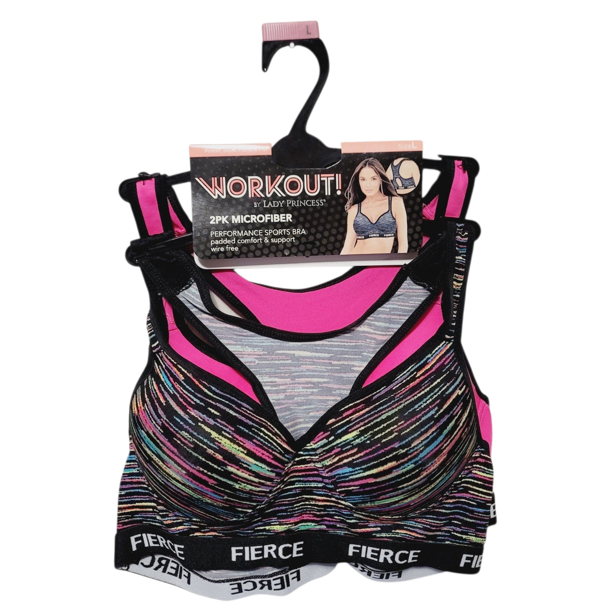 2-Pack Microfiber Performance Padded Sports Bra By Lady Princess With Comfort & Support Wire Free Size - L/36C