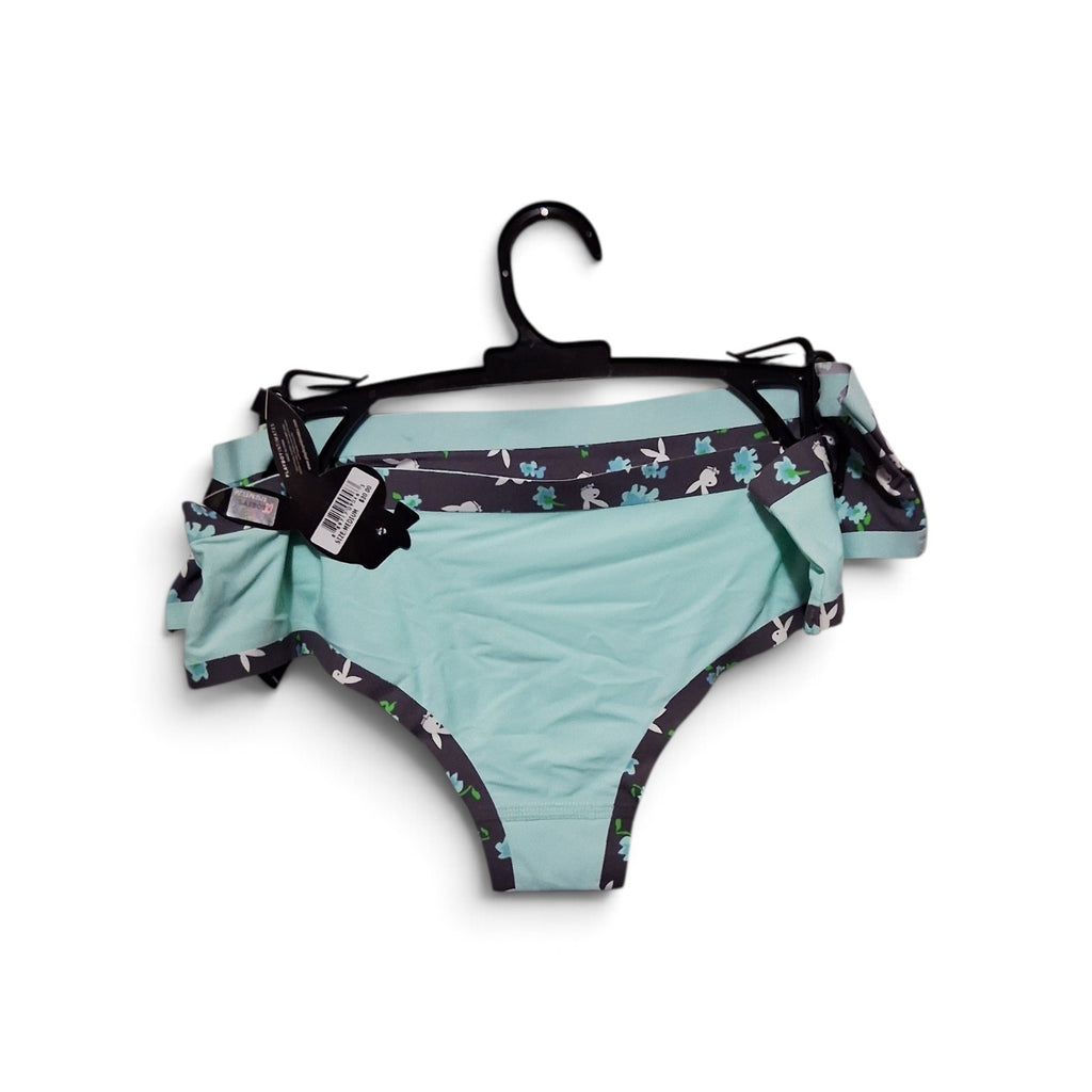 2-Pack Set Playboy Intimates Seamless Bikini Panties | Grey Floral Pattern With a Blue Waistband | Size - M/M