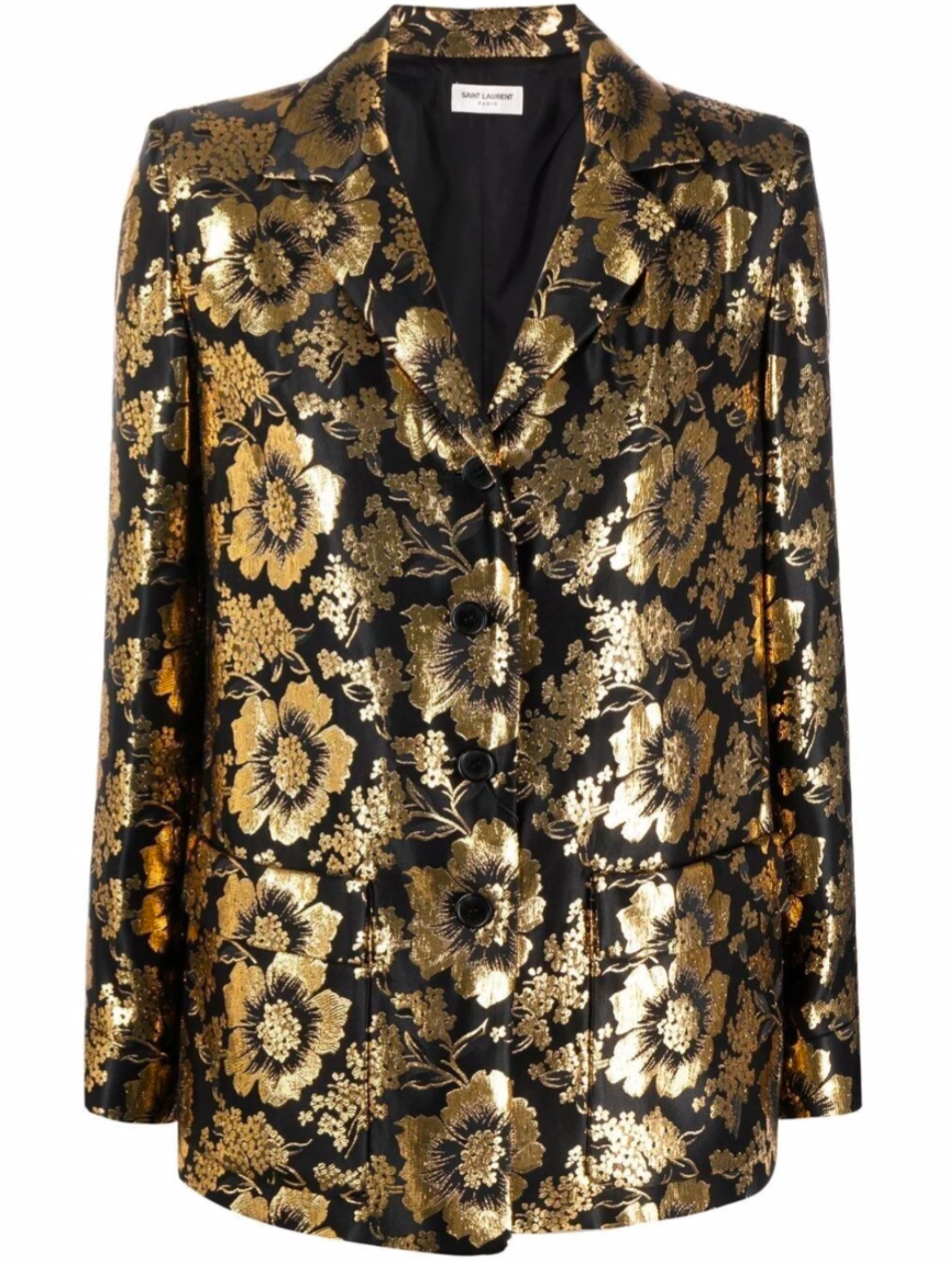 Saint Laurent Black Gold Floral Metallic Jacquard Blazer Jacket Size - 34 New MSRP. $3428