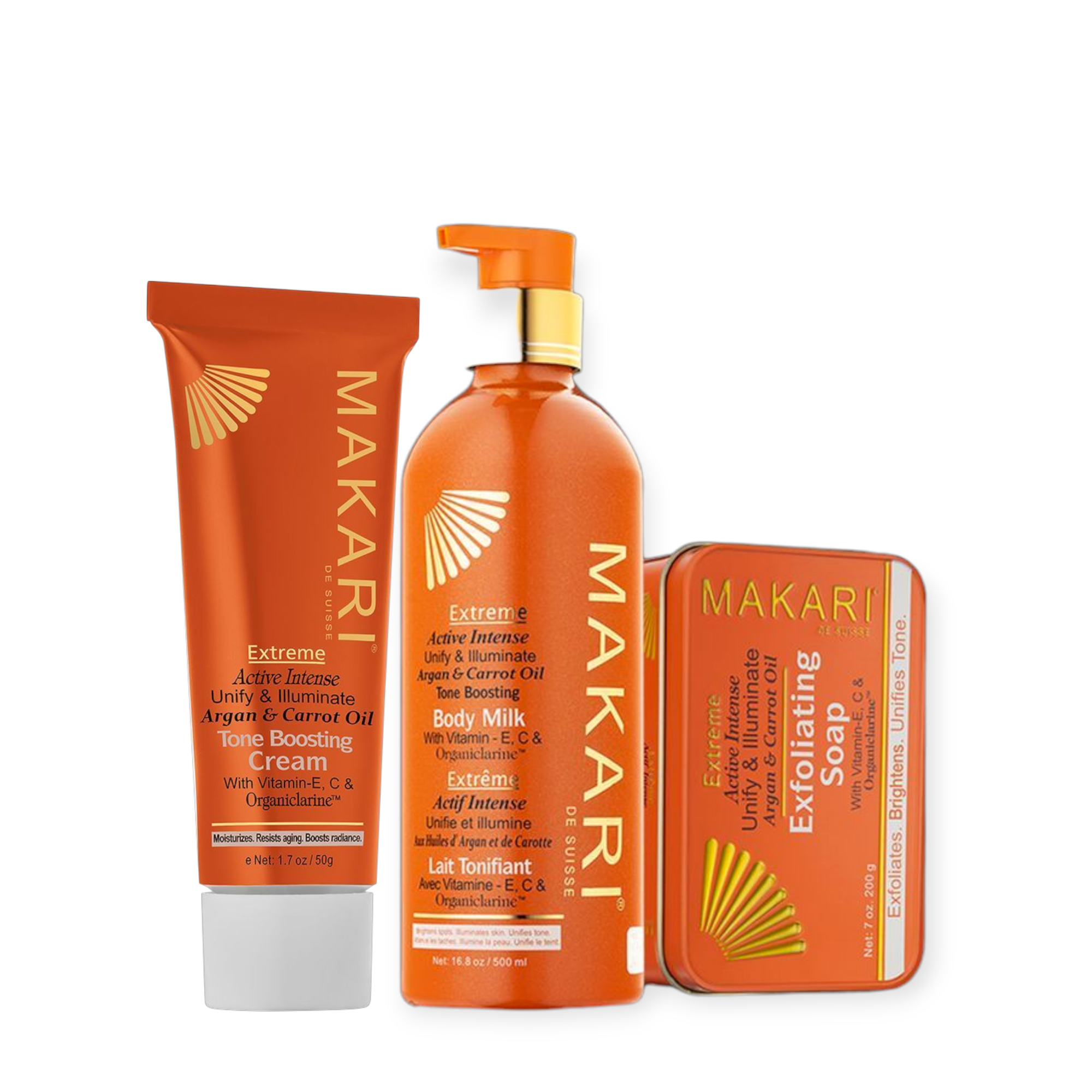 3-Piece Makari Extreme Active Intense Body Milk, Cream Tube & Bar Soap Set