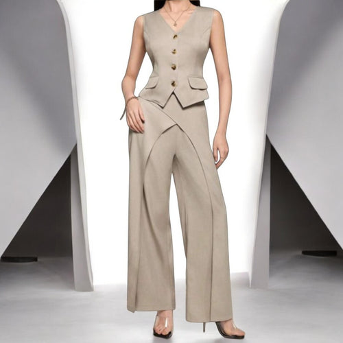 2-Piece Business Casual V Neck Vest and Wide Leg Pants Jumpsuit Size - S