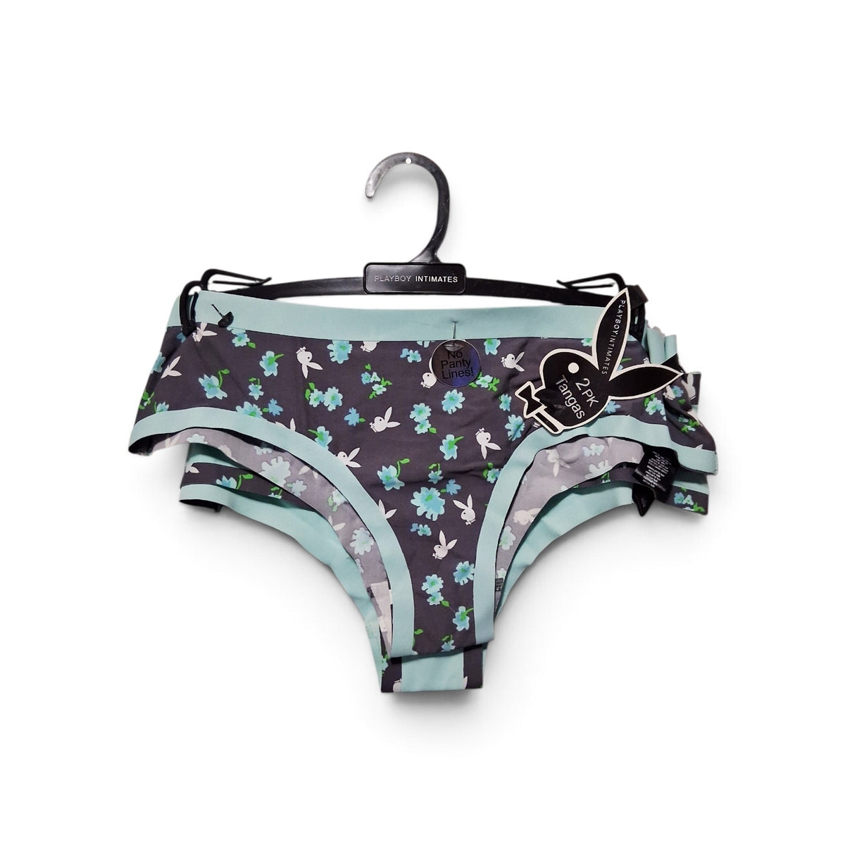 2-Pack Set Playboy Intimates Seamless Bikini Panties | Grey Floral Pattern With a Blue Waistband | Size - M/M
